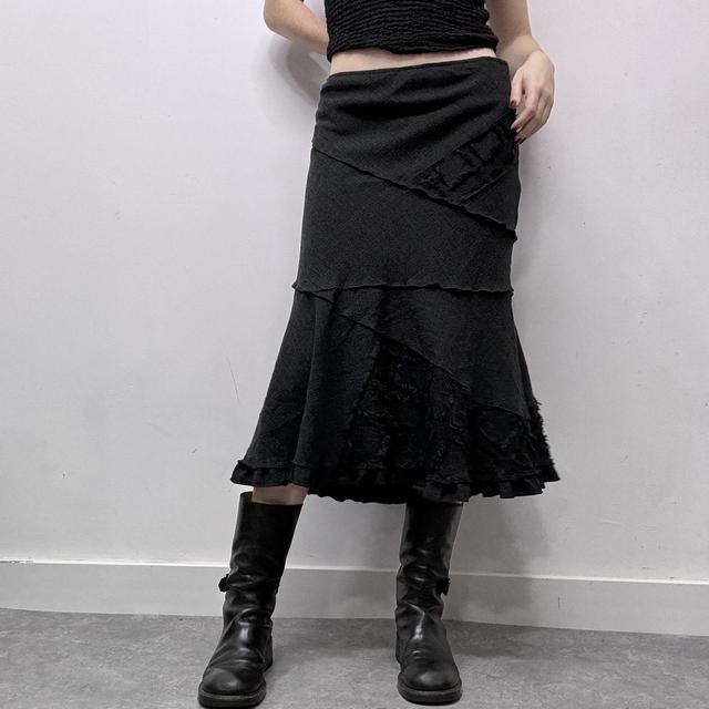 Grey wool tweed flared lace midi skirt
