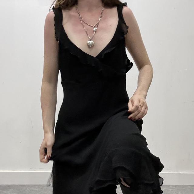 Black ruffle flared bias dress