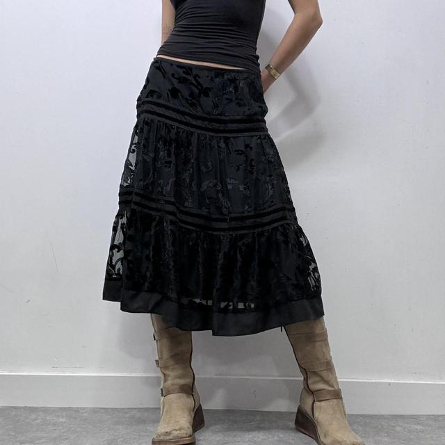 Black tiered velvet floral patterned midi skirt