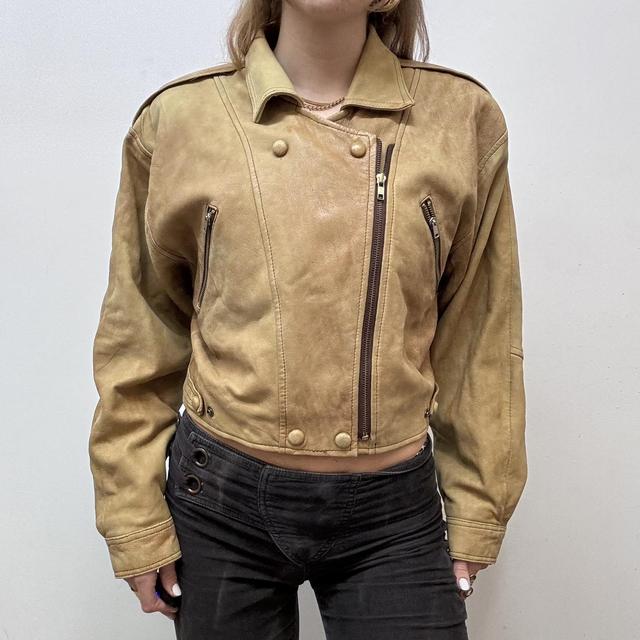 Cropped tan leather biker jacket
