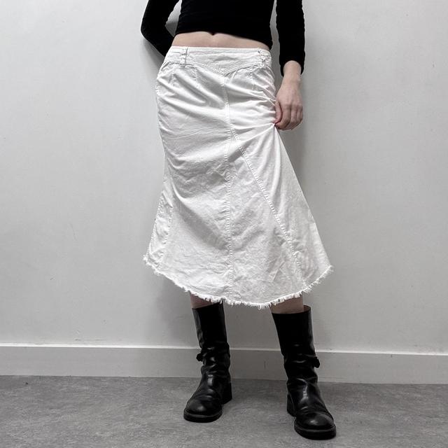 White flared distressed midi skirt
