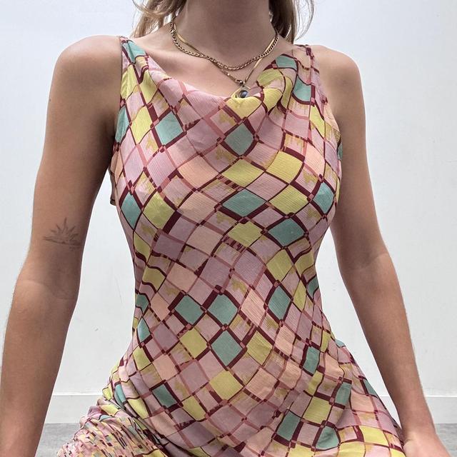 Pink checked print cowl neck midi dress