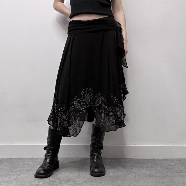 Flared layered beaded silk drape skirt