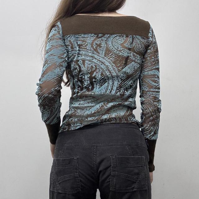 Sheer brown paisley mesh long sleeve top