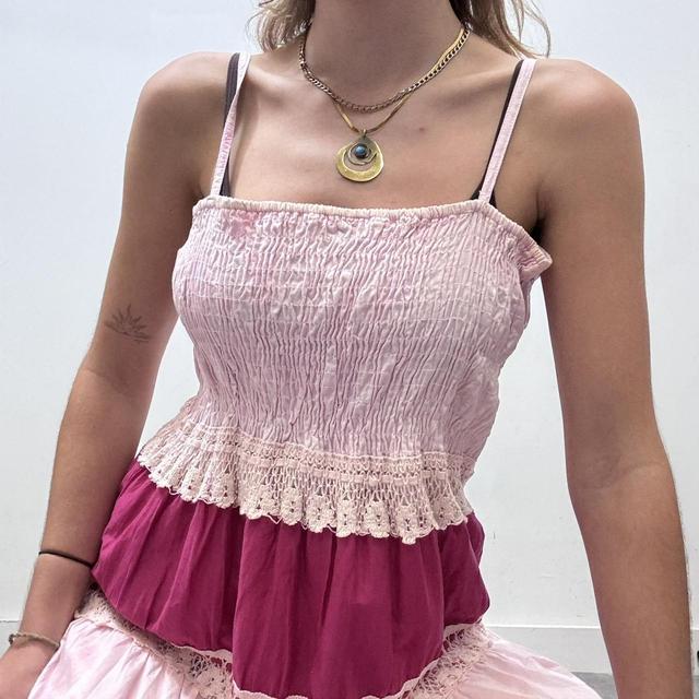Pink ribbon lace tiered midi dress