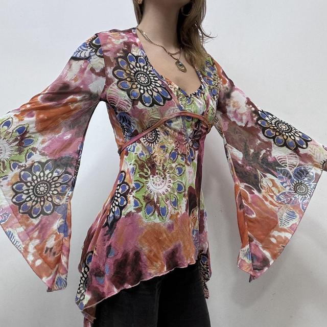 Flared graphic paisley fairy mesh top