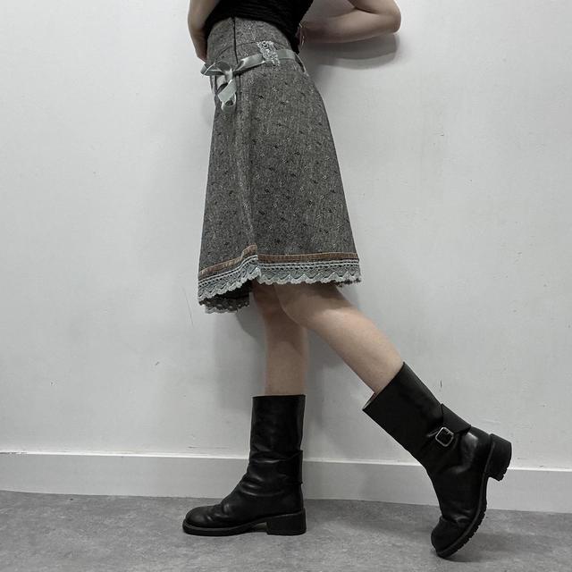 Grey tweed preppy flared lace midi skirt