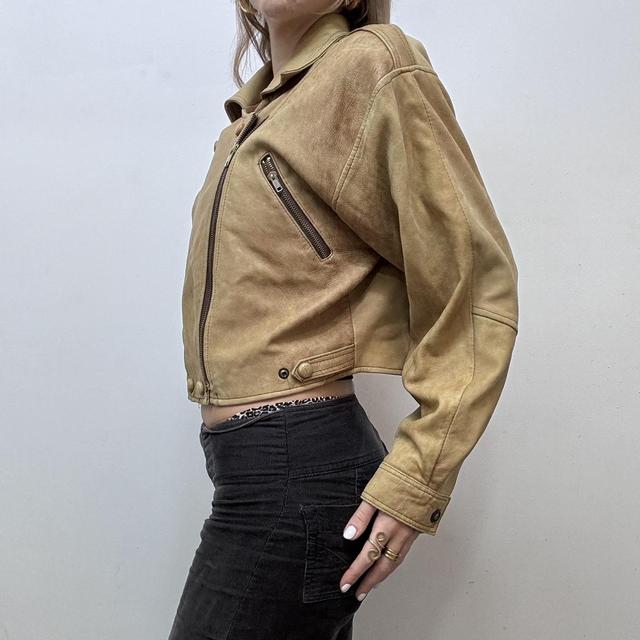 Cropped tan leather biker jacket