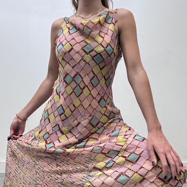 Pink checked print cowl neck midi dress