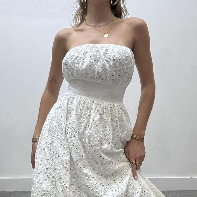 White embroidered cotton puff boob tube dress