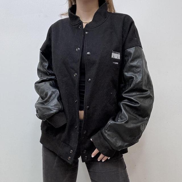 Black leather varisty bomber jacket