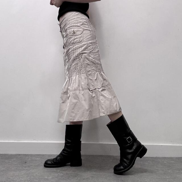 Tan pleated flared midi skirt