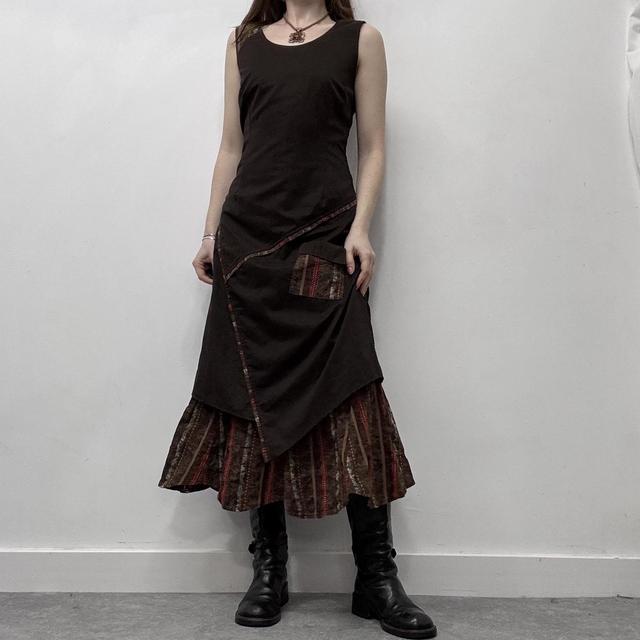 Brown pinstripe asymmetric maxi dress