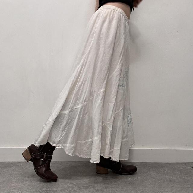 White cotton embroidered flared maxi skirt