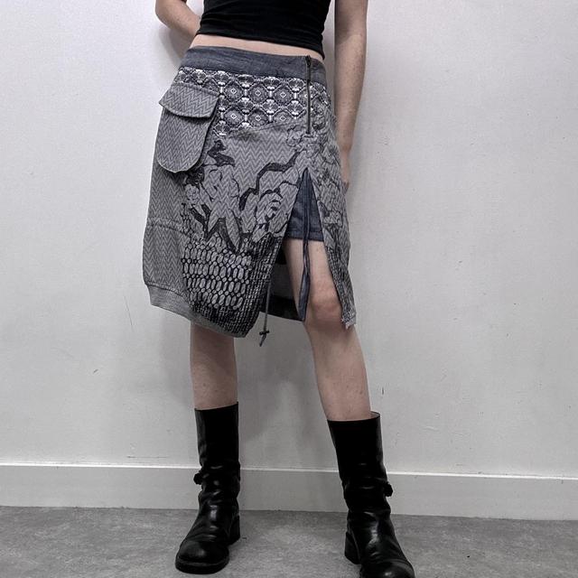 Grey graphic patterned asymmetric midi skirt