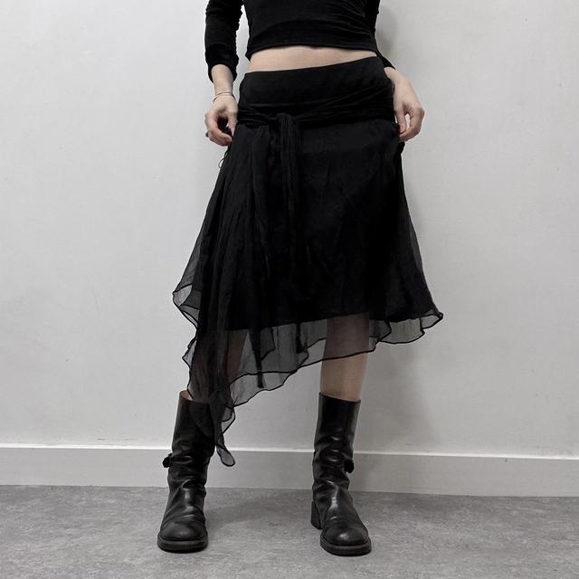 Sheer black asymmetric flutter skirt