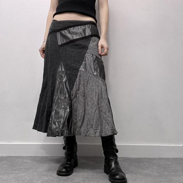 Grey tweed patchwork grunge midi skirt