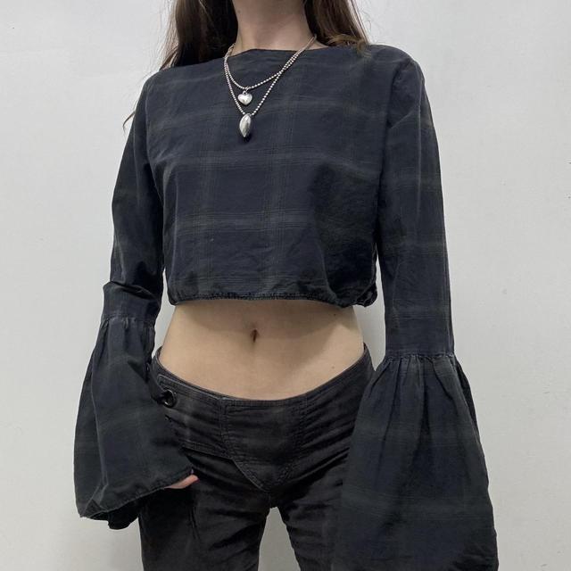 Cropped reworked tartan bell flared crop top