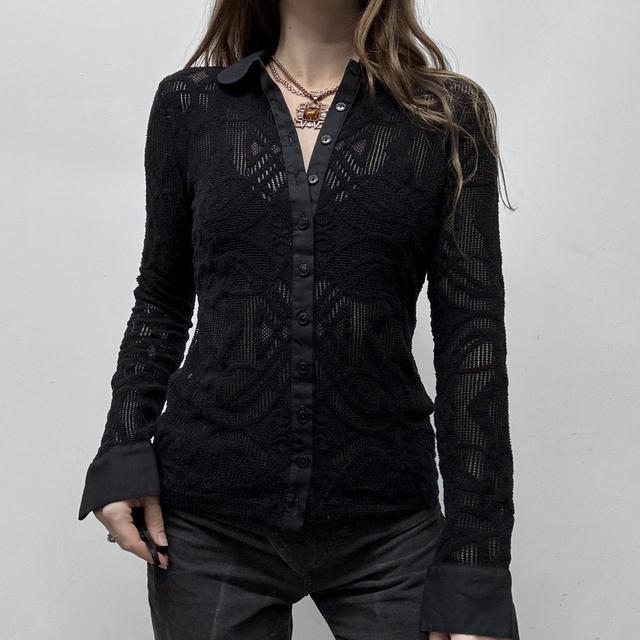 Sheer lace mesh flared black shirt