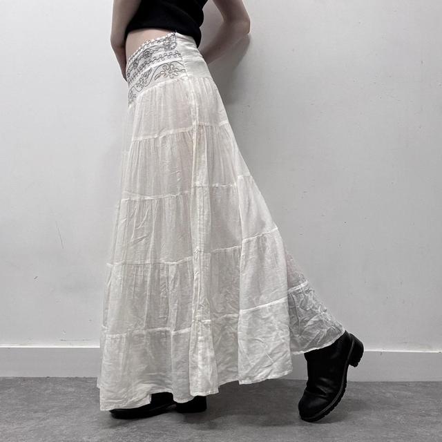 White flared embroidered maxi skirt