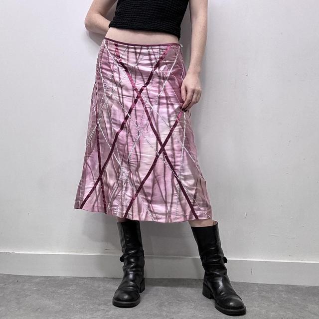 Pink satin ribbon embeslished midi skirt