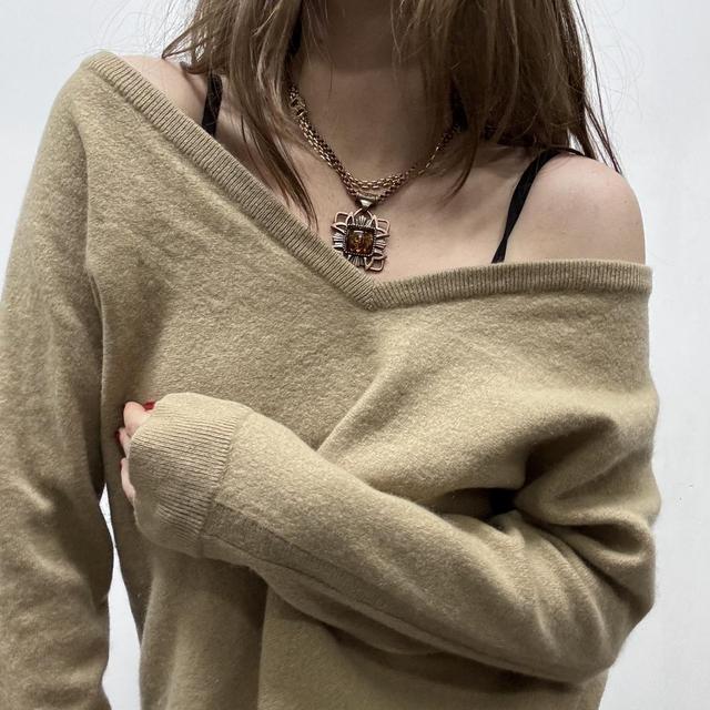 Tan off the shoulder slouchy cashmere jumper