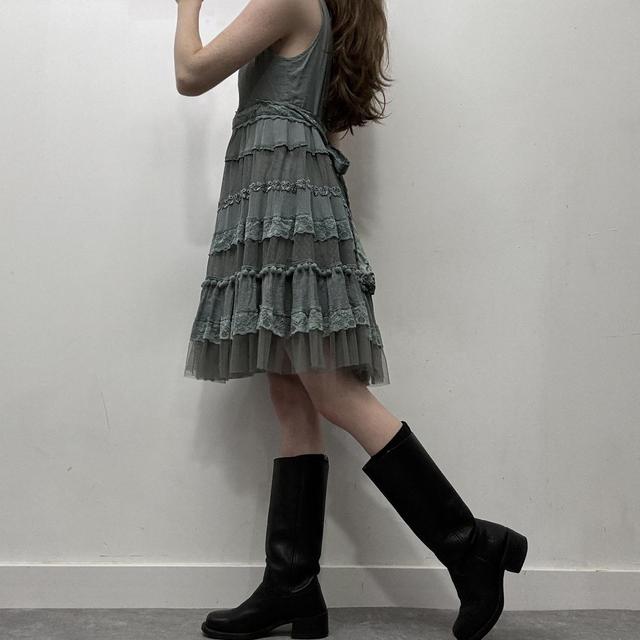 Flared lace mesh ruffle dress