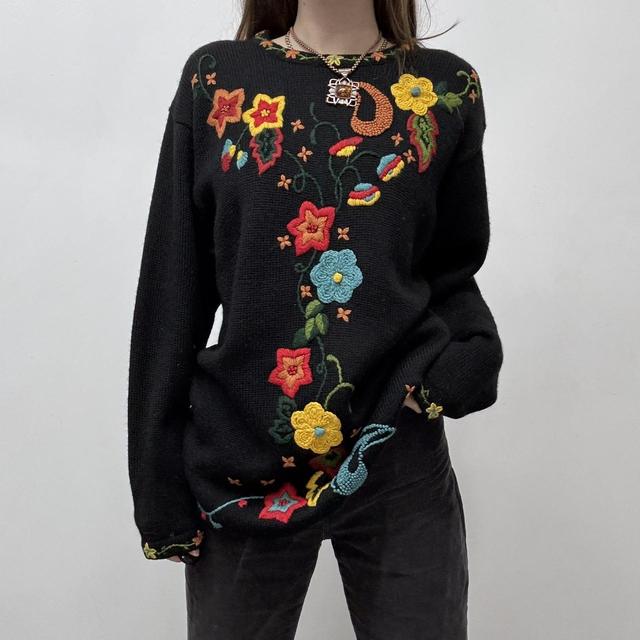 Black vintage flower knitted jumper