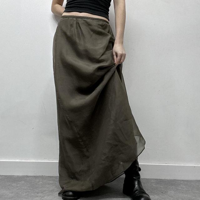 Khaki green sheer layered silk maxi skirt