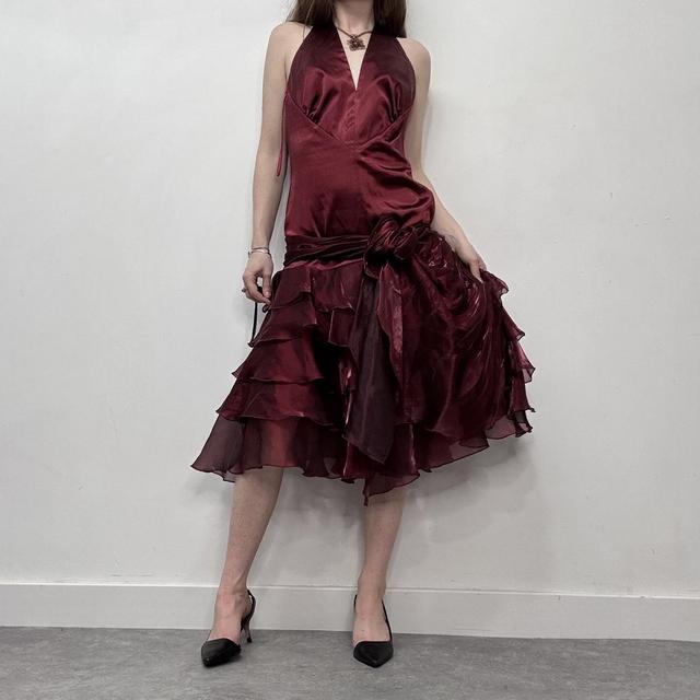 Silky ruffle burgundy satin puffy dress