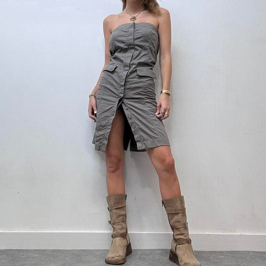 Khaki cargo strapless boob tube dress
