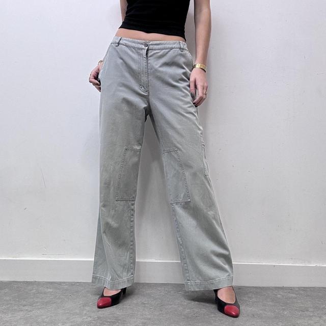 Wide leg flared khaki distressed utility trousers