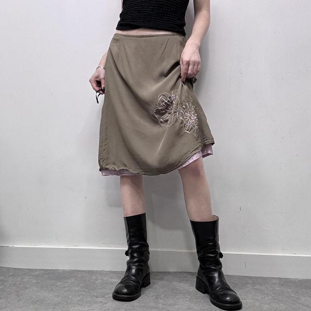 Khaki silky layered midi skirt