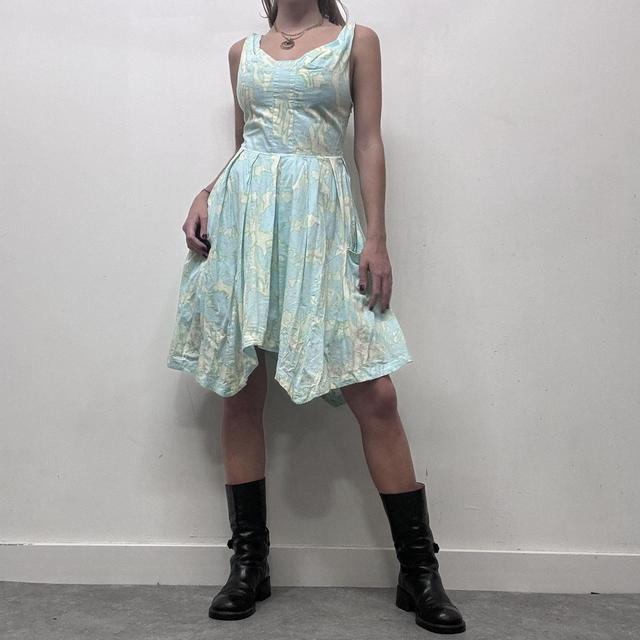 Blue graphic printed balloon puff midi dress