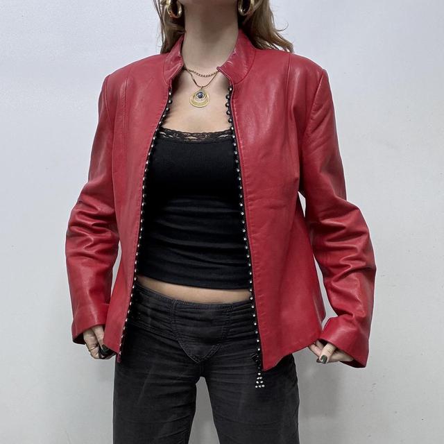 Red leather diamond studded zip jacket