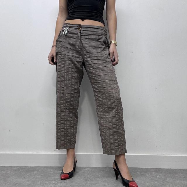 Brown pinstripe textured cropped capri pants