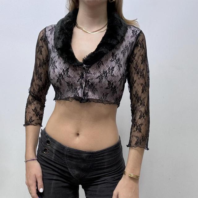 Lace cropped cardigan with faux fur