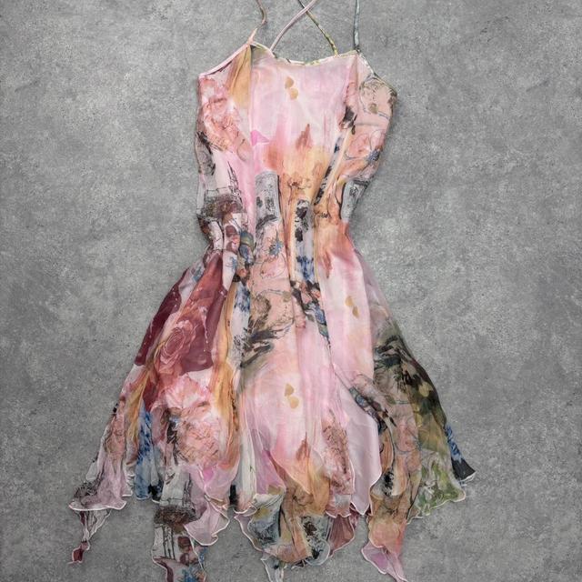 Sheer pink flutter graphic handkerchief dress