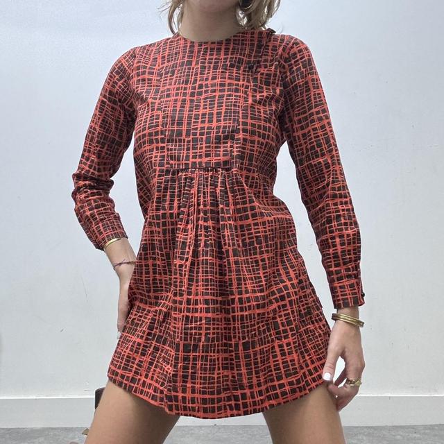 Graphic checked print flared puff mini dress