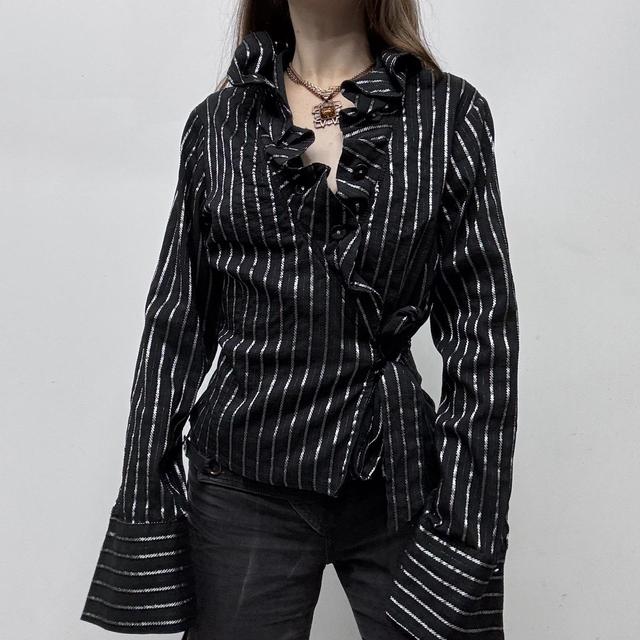 Black pinstripe wrap ruffle shirt