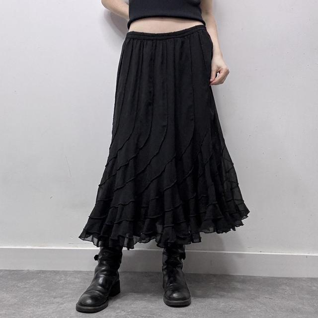 Black layered ruffle gothic midi skirt