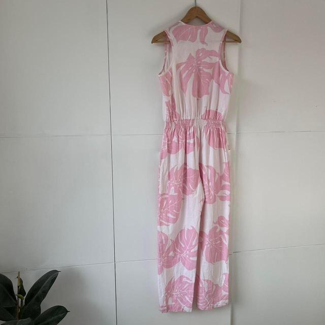 Pink graphic overalls / jumpsuit in cheese-monster plant leaf floral print - 90s / Y2k