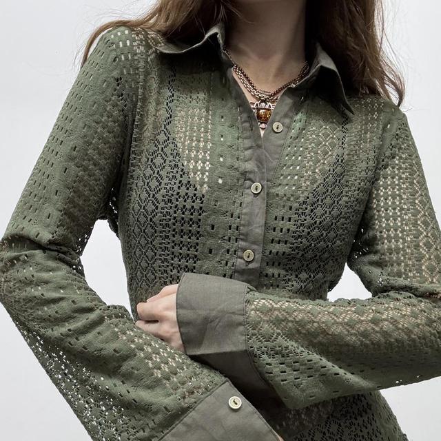 Khaki lace sheer fitted shirt