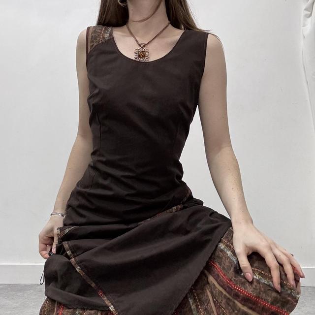 Brown pinstripe asymmetric maxi dress