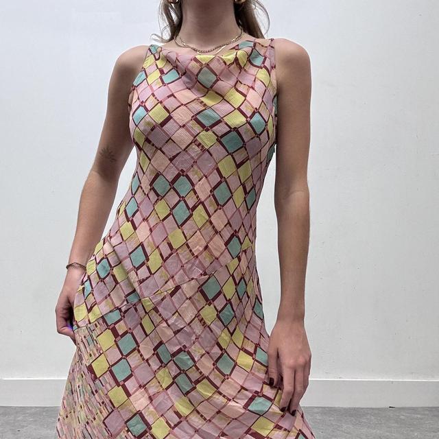 Pink checked print cowl neck midi dress