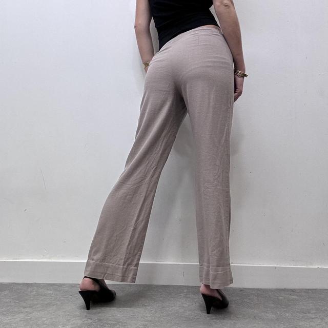 Beige flared wide leg linen trousers