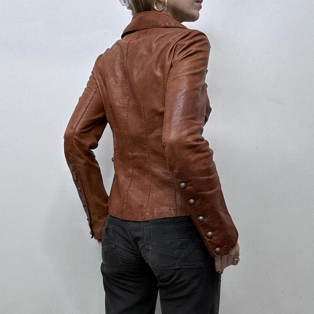 Brown leather asymmetric military jacket