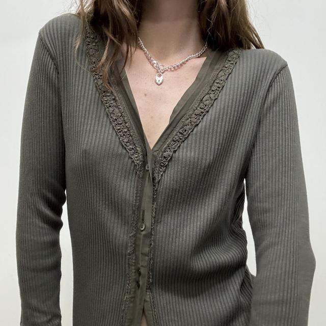 Khaki ribbed lace cardigan