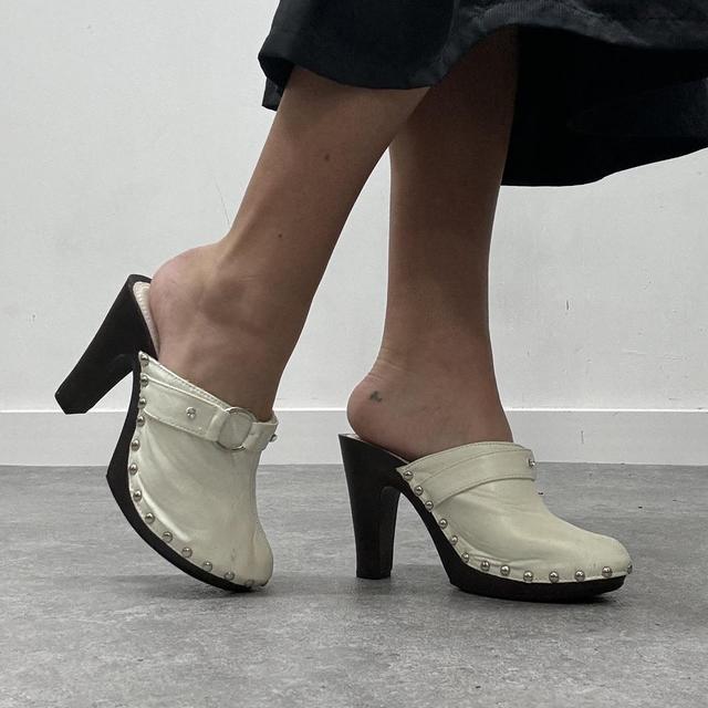 White studded buckle mule heels