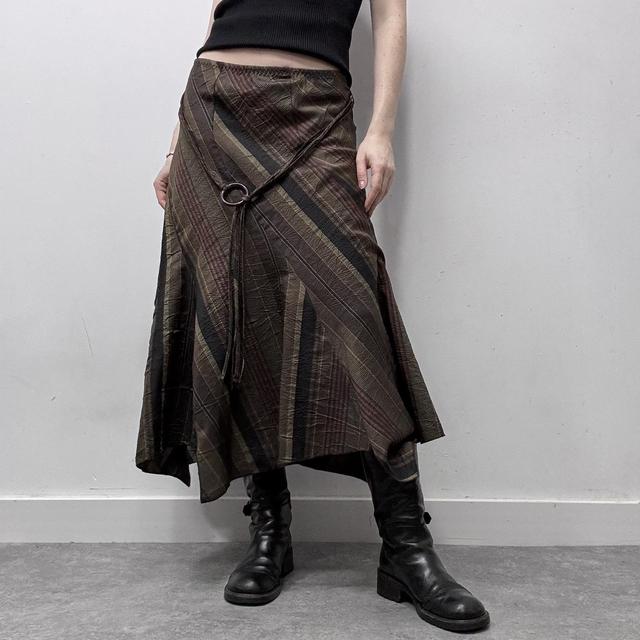 Khaki brown pinstripe asyemmtric maxi skirt